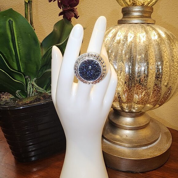 Blue and Purple druzy ornate .925 sterling silver ring Size 7 - Picture 1 of 6